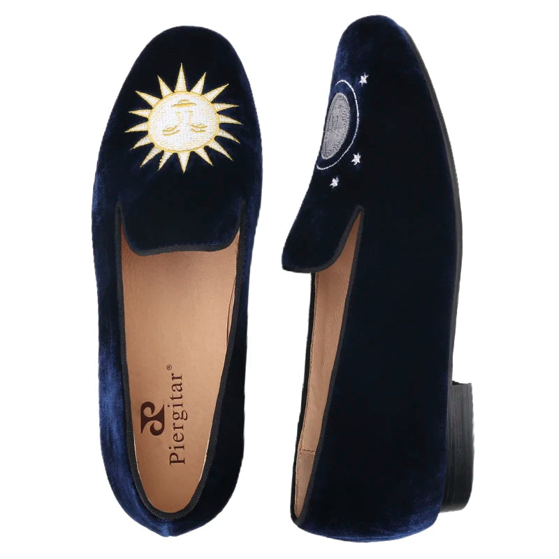 Handmade Mens Smoking Slippers with Classic Sun And Moon Embroidery for Fashion Party Loafers Leather insole