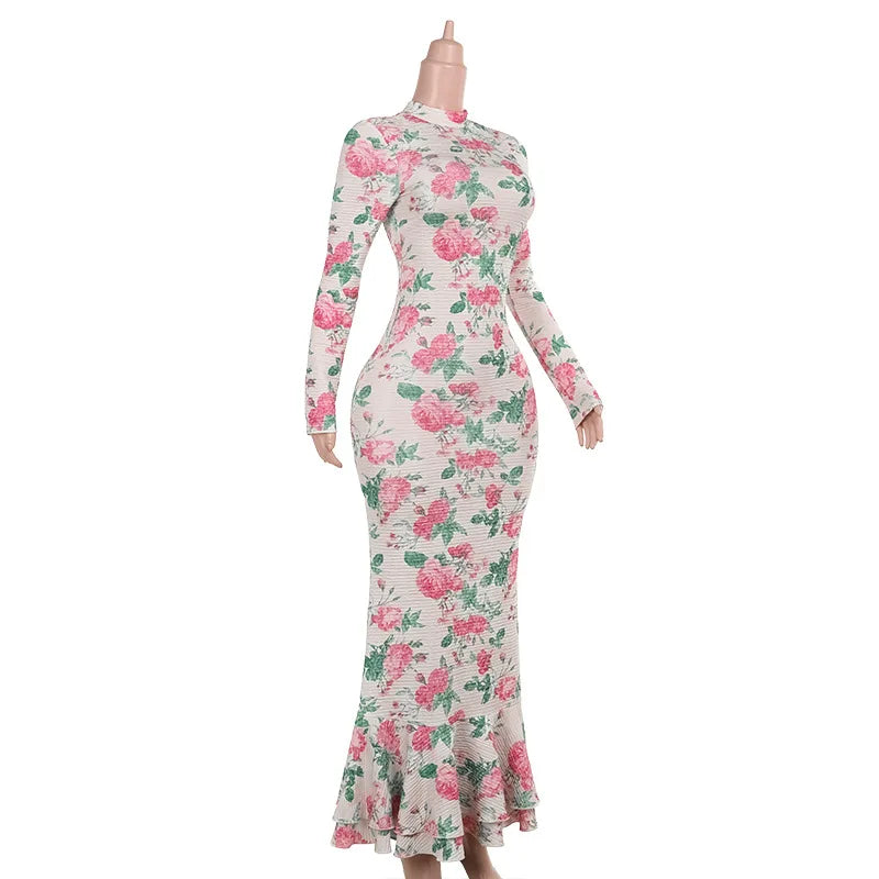 Temperament long sleeve slim long printed dress women's new autumn fashion elegant long dress