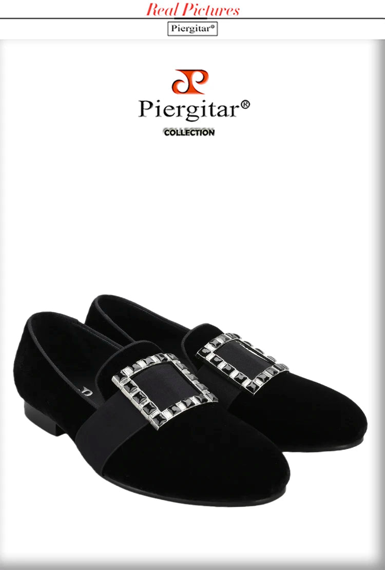Piergitar Black And Silver Rhinestones Square Buckles Men Velvet Shoes For Wedding Or Party Handmade Slip-On Loafers Plus Size