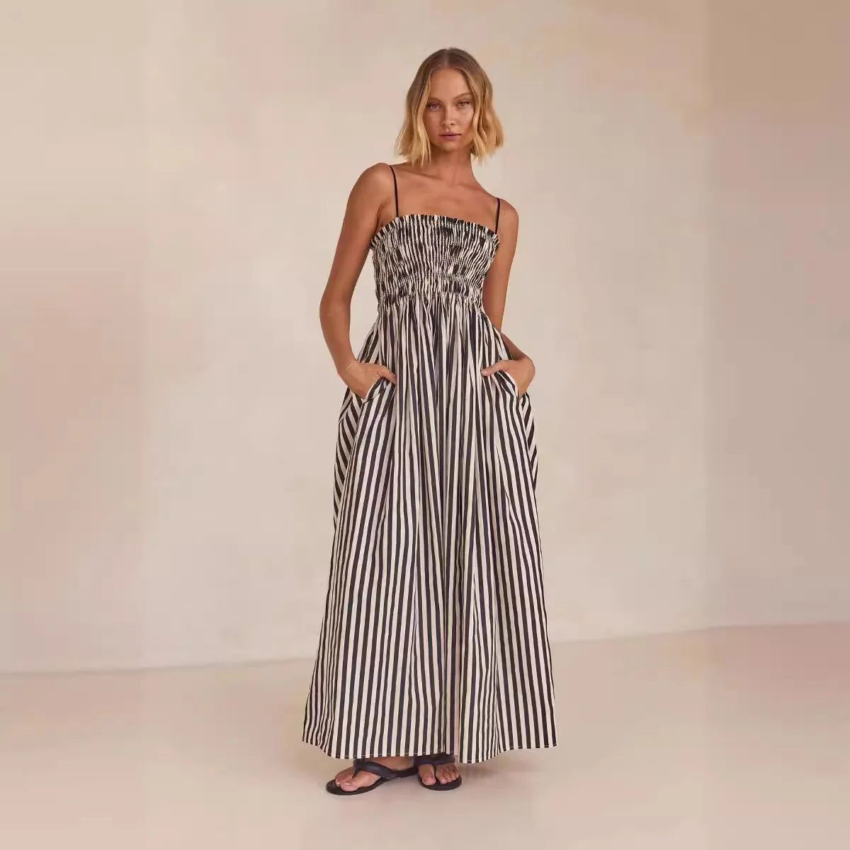 2025 Women's Summer Style Striped Rubber Elastic Sexy Big Swing Bag Suspender Dress Club Clothing Vestidos