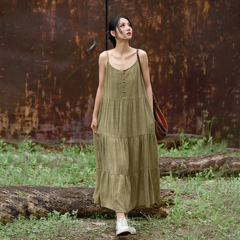 Cotton Linen Long Spaghetti Strap Dress