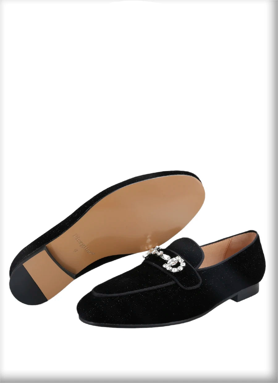 Black Velvet Loafers For Men With Crystal Rhinestone Horsebit Embellishments