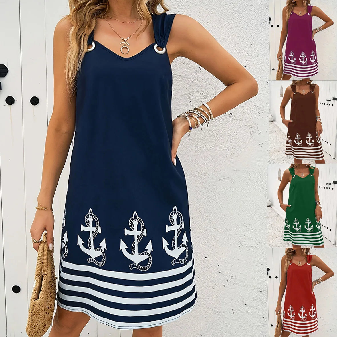 2025 New Women's Vest Skirt Pocket Ethnic Style Fashion Printed V-neck Simple Vacation Beach Mini Dress for Female