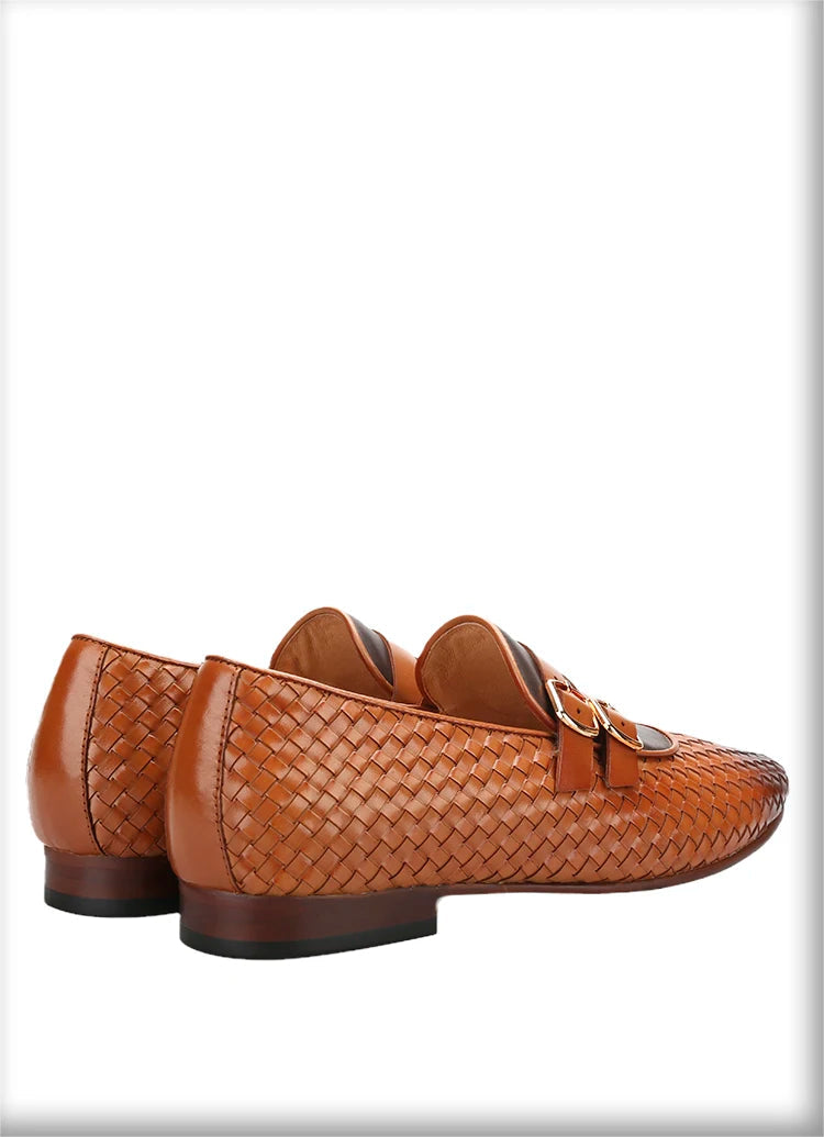 Men's Hand-Rubbed Brown Woven Calfskin Monk Shoes with Cross-Tied Handmade Loafers Genuine Lining