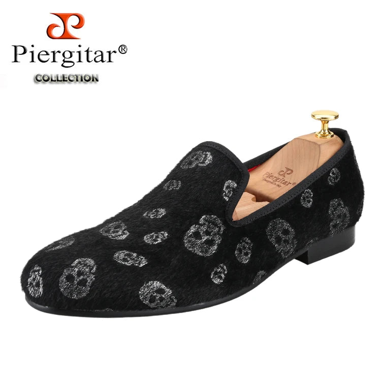 Piergitar New Style Black Horsehair Sliver Skull Embossed Men Shoes For Party Slip-On Loafers Smoking Slipper Men Flat Plus Size