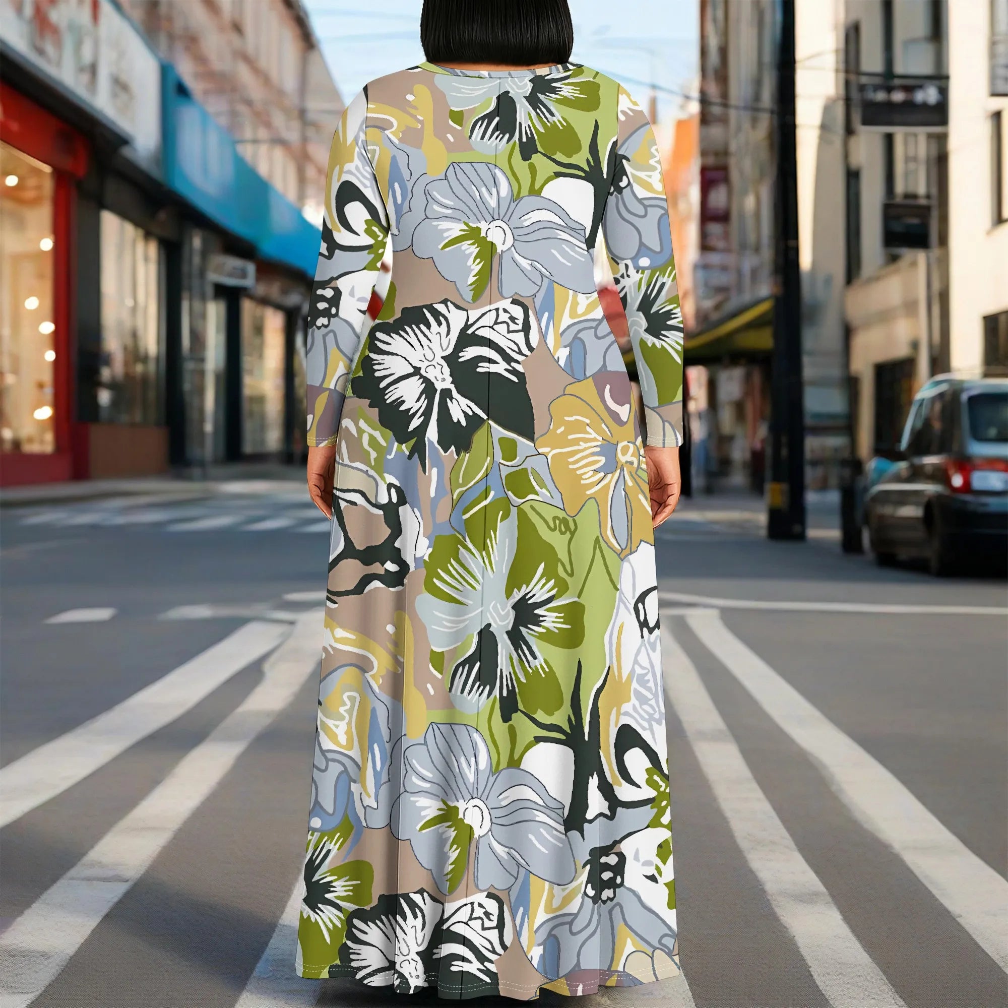 Plus Size Green Floral Print Maxi Dress Long Sleeve Comfortable Everyday Look