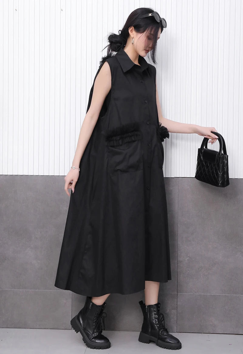 Front Pocket New 2025 Summer Korean Style Woman Black Sleeveless Shirt Dress Loose Fit Chic Holiday Casual Big Size Robe JKXD003