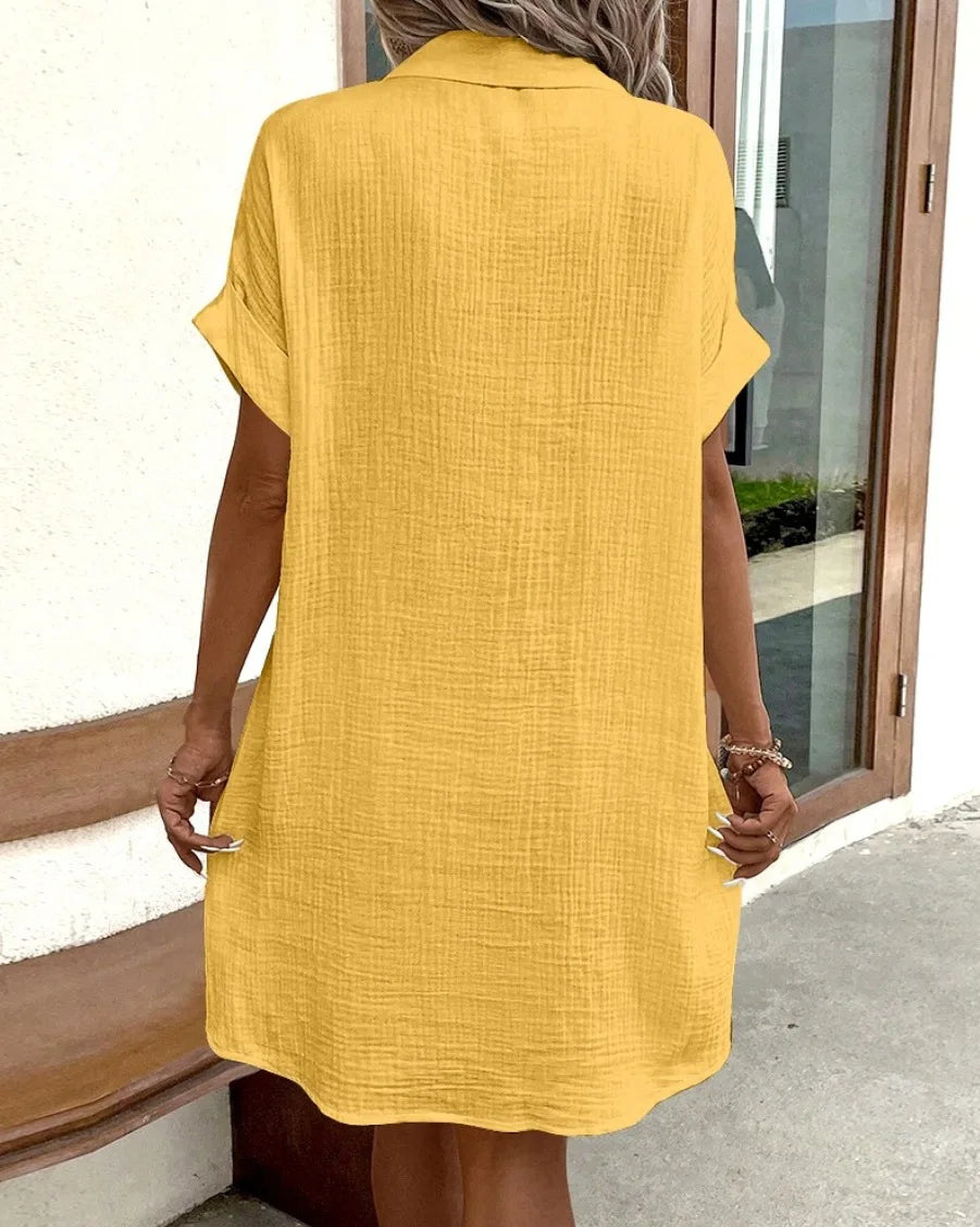 Summer Simple V-neck Button Up Dress Woman Cotton Linen White Short Sleeved Pocket Casual Solid Loose Shirt Mini Dress 2025