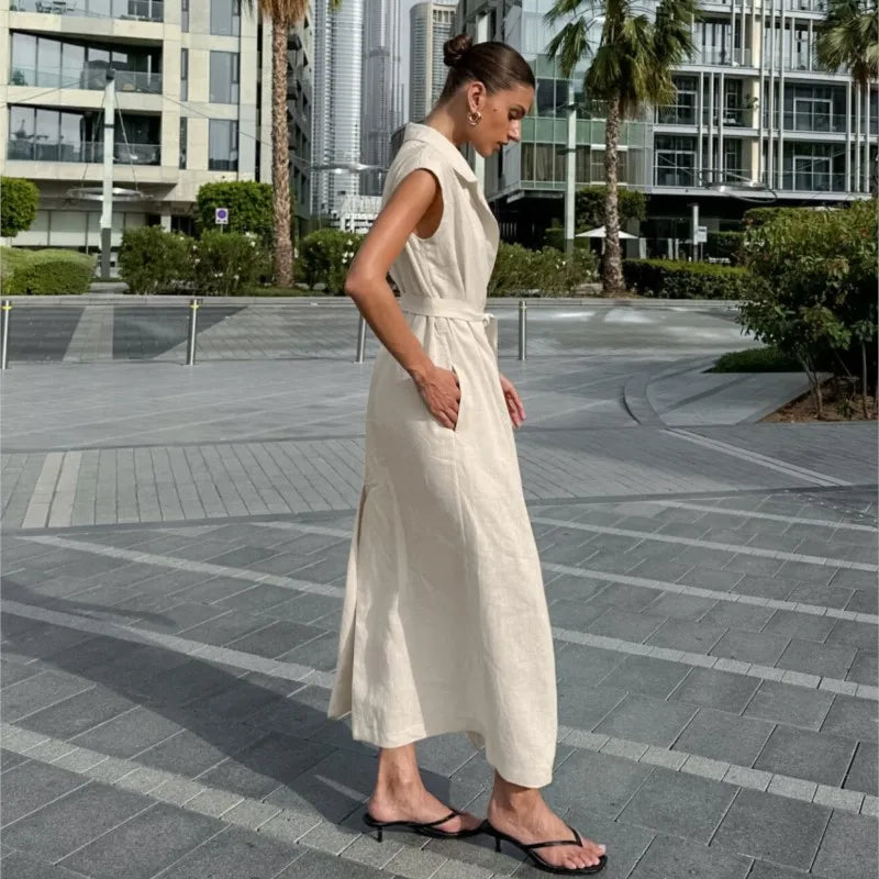 2025 Autumn New Style Commuter Long Skirt For Women Elegant Fashionable Solid Color Lapel Sleeveless High Waist Lace-up Dress