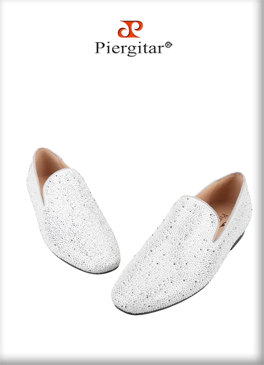 Piergitar Sliver Genuine Leather Men's Loafers With Handmade Bright And Shiny Rhinestones For Fashion Party/Banquet Red Bottom