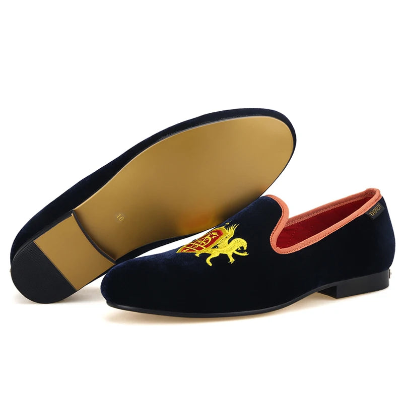 Piergitar British Style Embroidery Navy Velvet Shoes With Gold Outsole Handmade Men Loafers Slip-On Smoking Slippers For Party