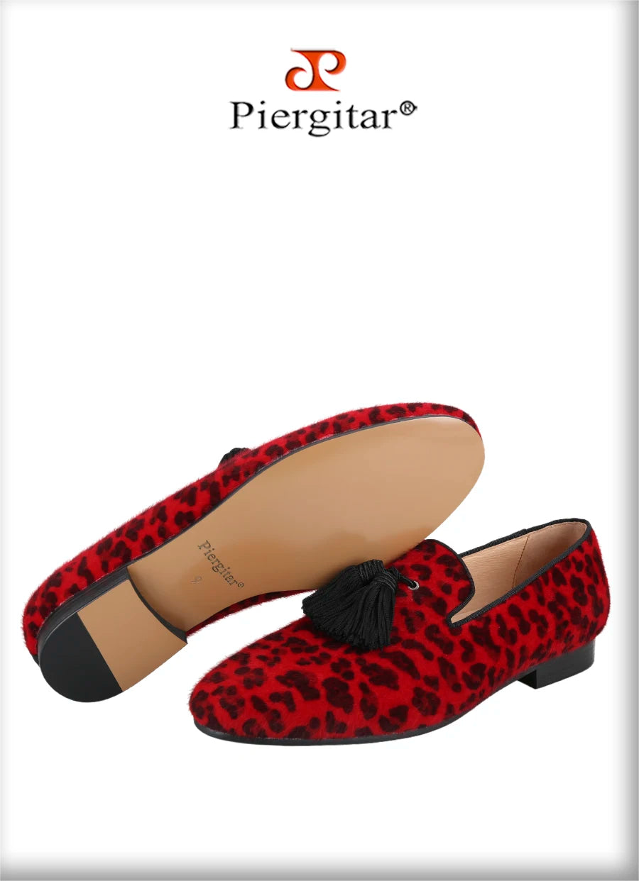 Piergitar Red And Black Animalier-Printed Superior Velvet Slippers With Handmade Silk Fringed Tassels Slip-On Men's Loafers