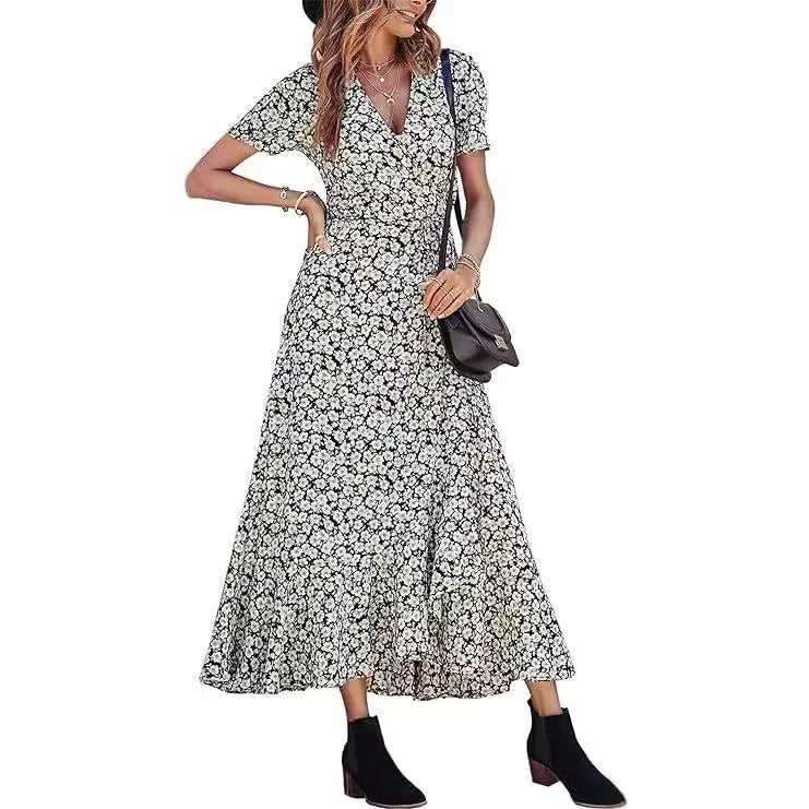 2025 Summer Women's Short-sleeved Dress V-neck Floral High Waist Slim and Stylish Bohemian Pleated Long Skirt