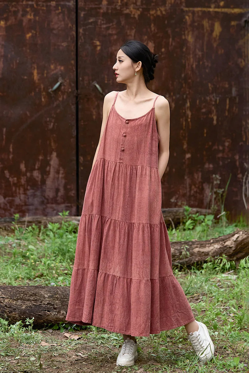 Cotton Linen Long Spaghetti Strap Dress