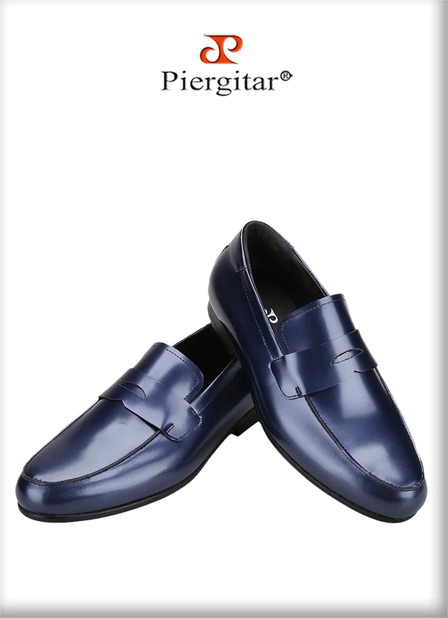 Piergitar Navy-Purple Smooth Genuine Leather Men's Penny Loafers Handmade Slip-On Male Flat Shoes For Party/Wedding Suit Wear