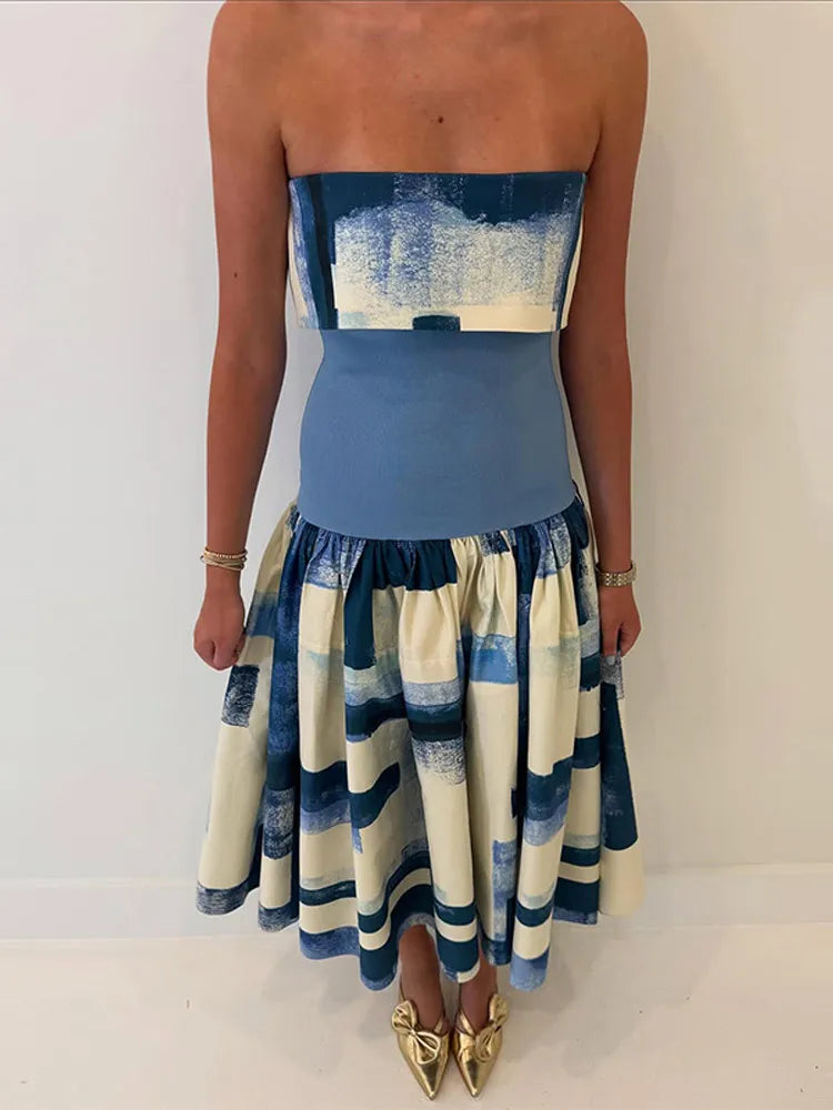 Women's Strapless Open Back Patchwork Long Dress