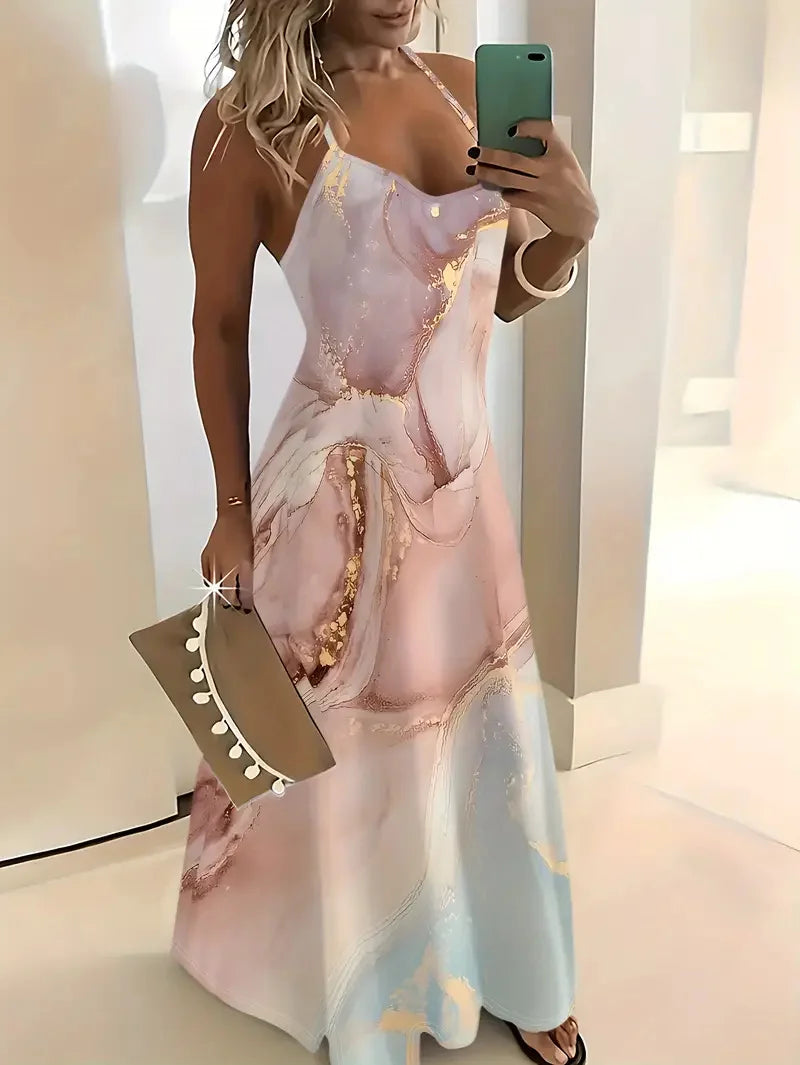 Summer Fashion Loose Women's Long Dress Colorful Botanical Flower Print V-Neck Print Casual Long Dress Bohemian Beach Dress