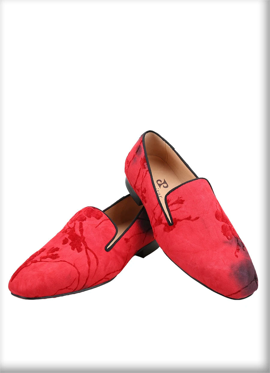 Men's Moccasins with Classic Bright Red Outsole and Three Colors of Flocking Jacquard Tie-Dyed Cottons