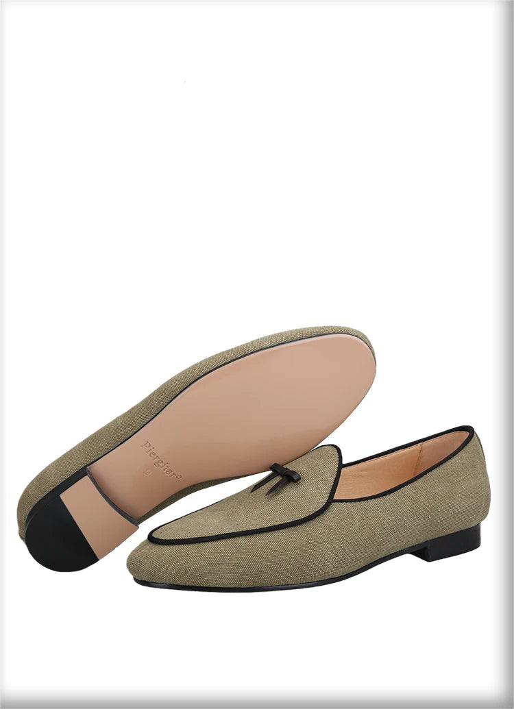 Three Colors Raw Canvas Belgian loafers with Calfskin Bows, Handmade Slip On Classic Mens Smoking Slippers