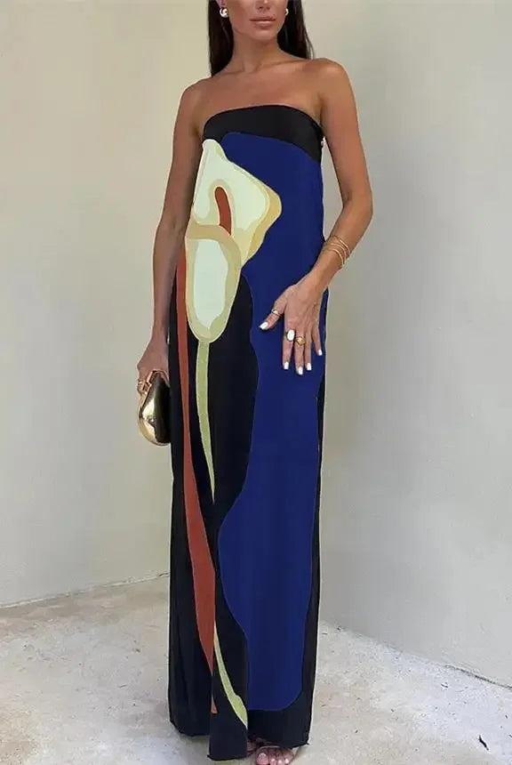 Tube Bodycon Dress Women Elegant Avocado Print Strapless Elegant Maxi Dress Sleeveless Holiday Robes Summer Chic Long Dress