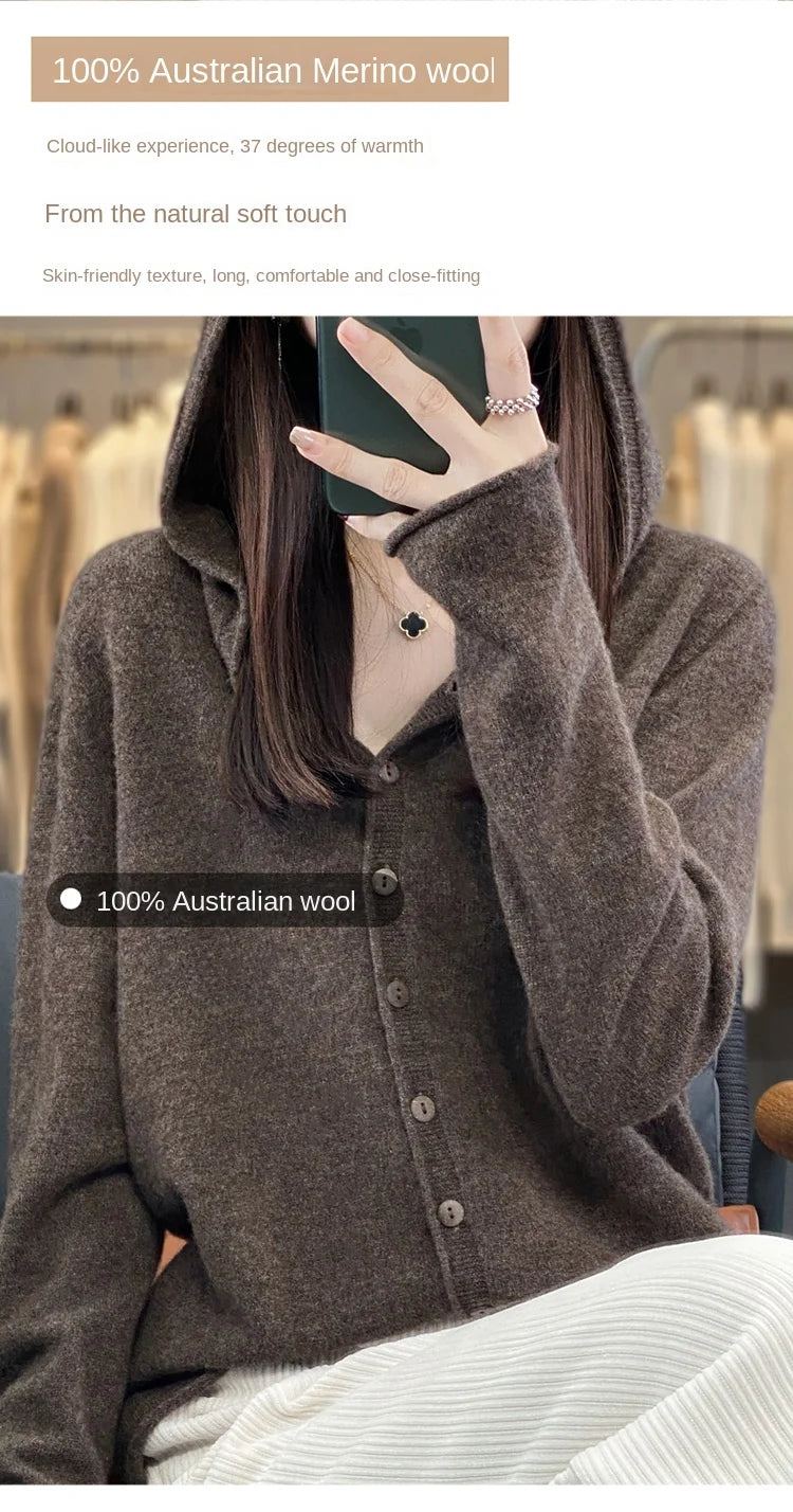 First Line 100% Merino Wool Knitted Cardigan Women's Autumn And Winter Hoodie Loose Sweater Fashionable Versatile Coat Top YC014