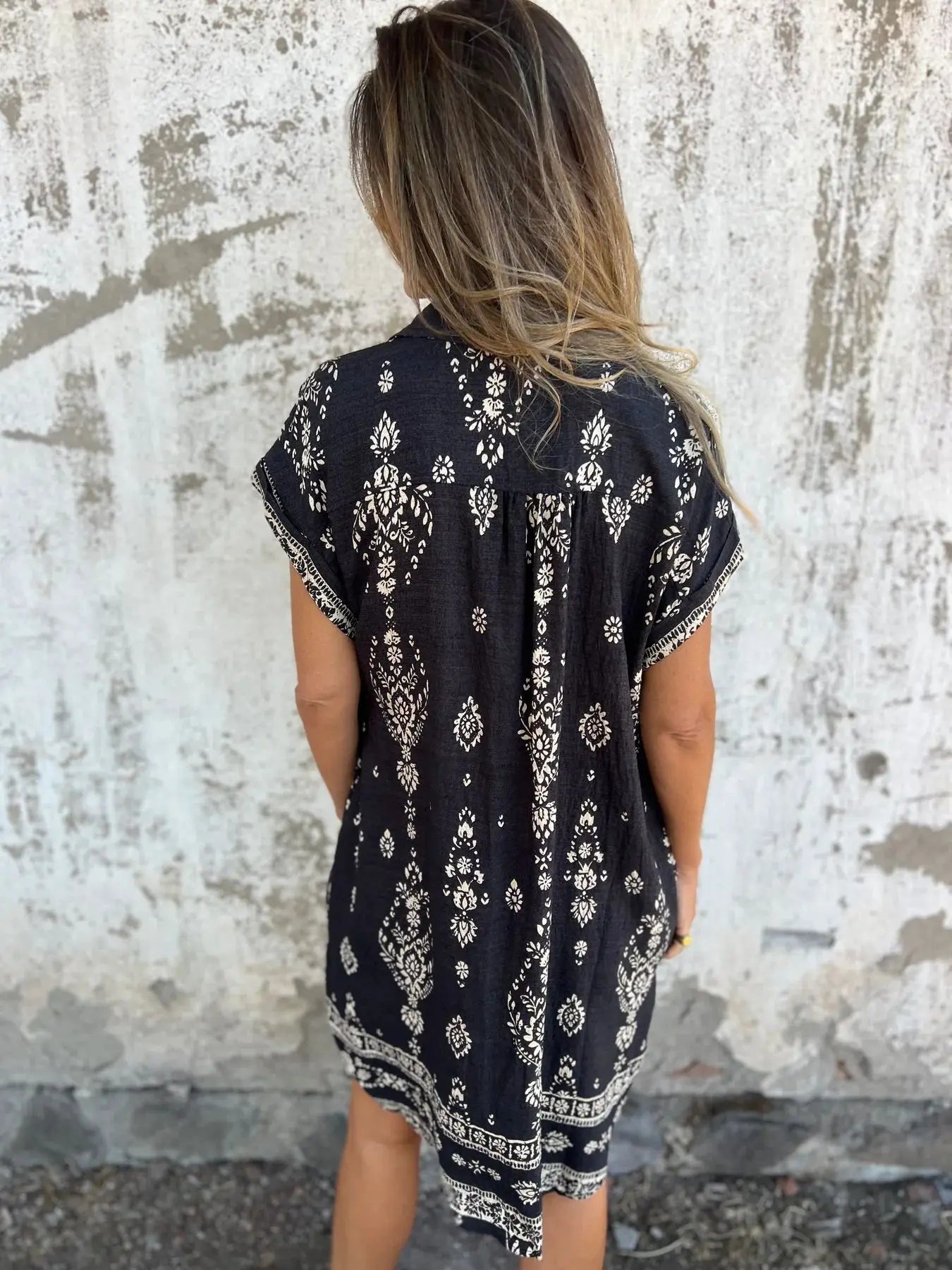 2025 New Women's Shirt Dress Loose Button Cardigan Fashion Printed Short Sleeve Pocket Cotton Linen Blend Vacation Beach Skirt