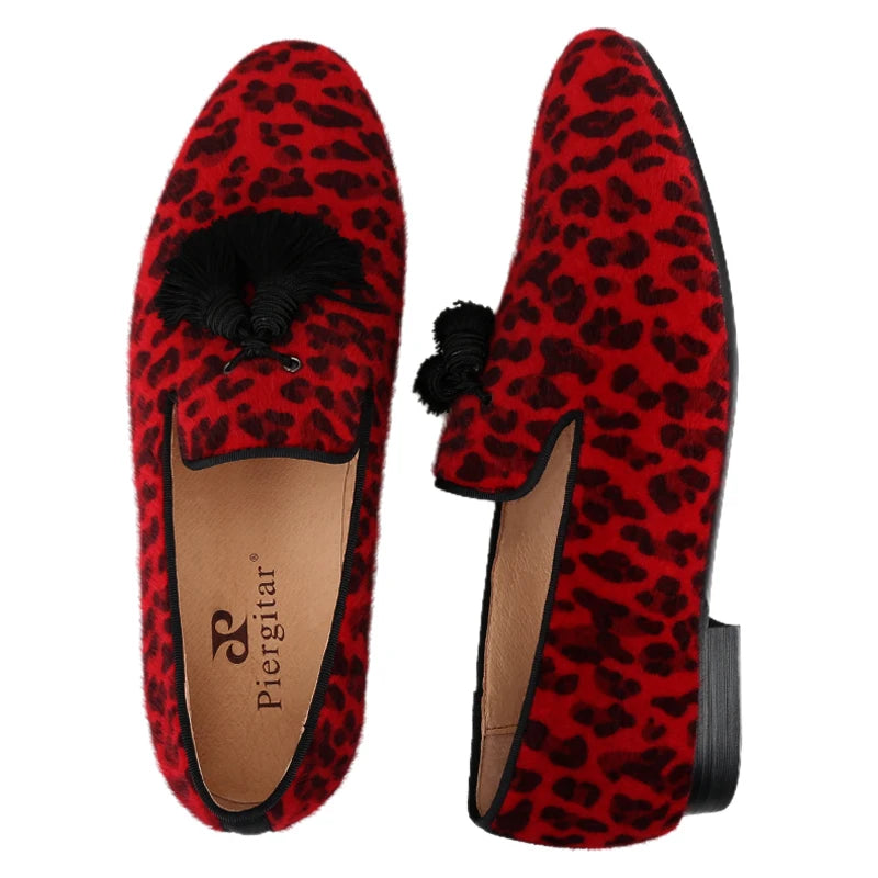 Piergitar Red And Black Animalier-Printed Superior Velvet Slippers With Handmade Silk Fringed Tassels Slip-On Men's Loafers