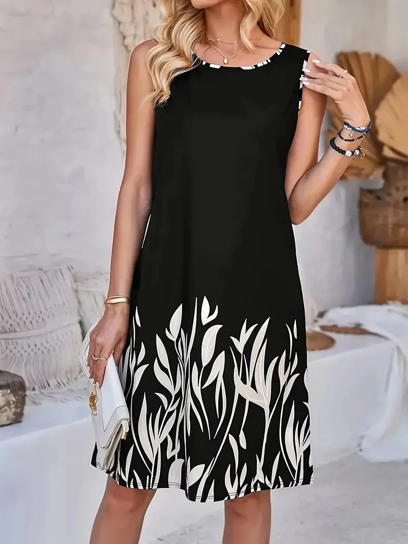Floral Pattern Printed Round Neck Sleeveless Dress