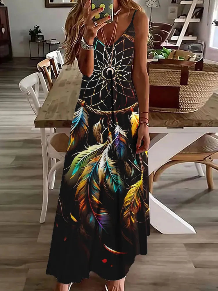 Women's Long Spaghetti Strap Tribal Pattern Dress