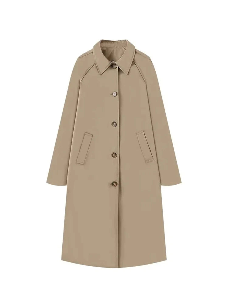 TRAF Women's Fashion Long Trench Coat Retro Loose Single-breasted Coat Autumn and Winter Lapel High Street Temperament Coat