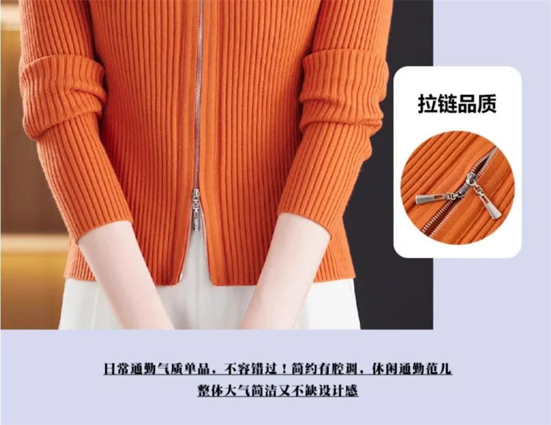 Spring Autumn Women Knitted Sweater Cardigan Short Jacket 2025 New Korean Fashion Zipper Solid Turn-Down Knit Coat Female Tops