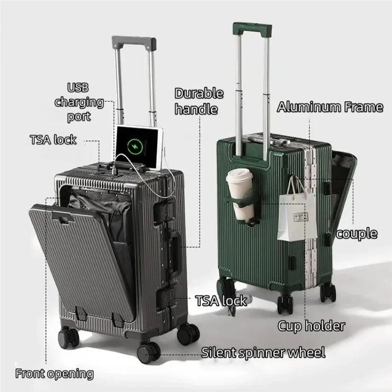 Aluminum Suitcase Front Opening Rolling Luggage