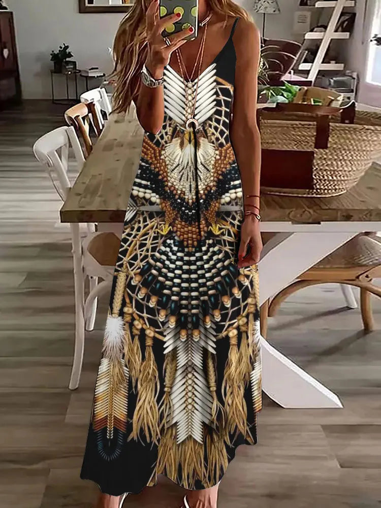 Women's Long Spaghetti Strap Tribal Pattern Dress