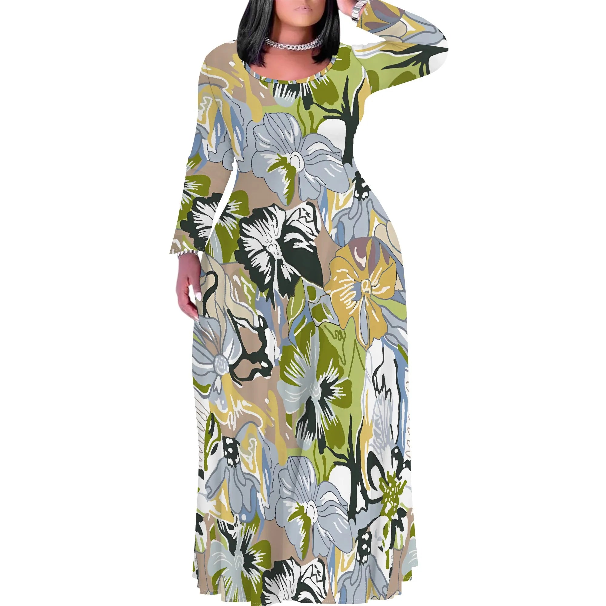 Plus Size Green Floral Print Maxi Dress Long Sleeve Comfortable Everyday Look