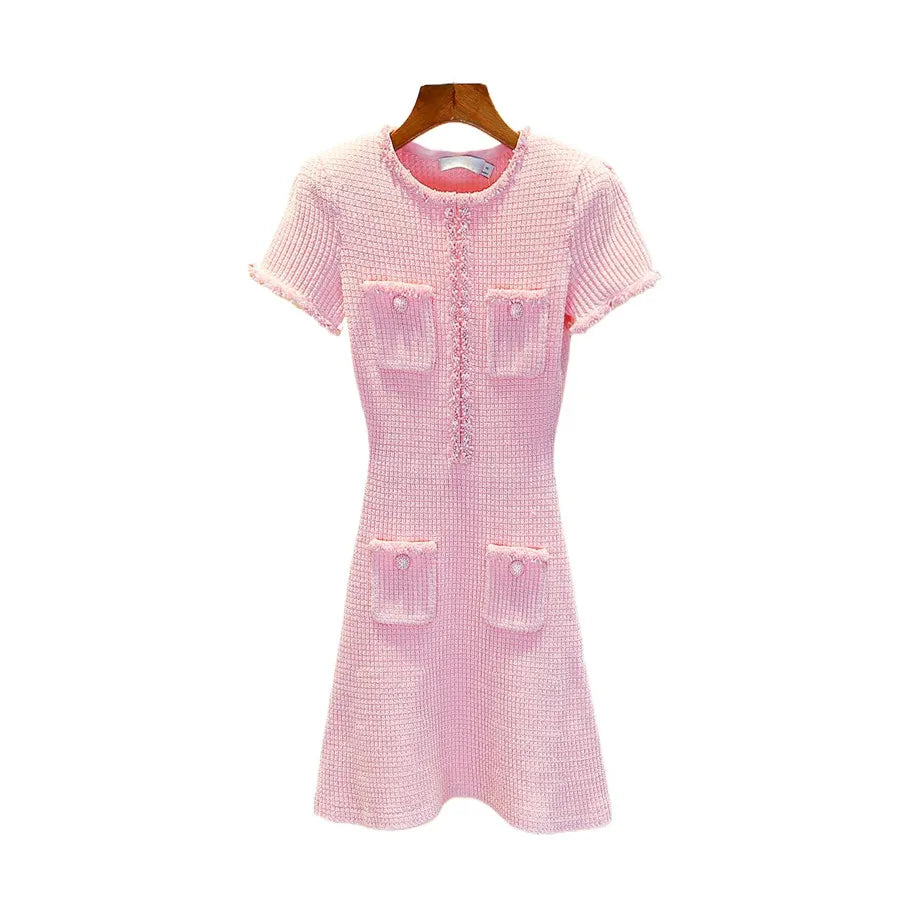 traf 2025 woman tight dress knitted tassel stretch corset elegant women's dress y2k clothes New fashion pink hip skirt