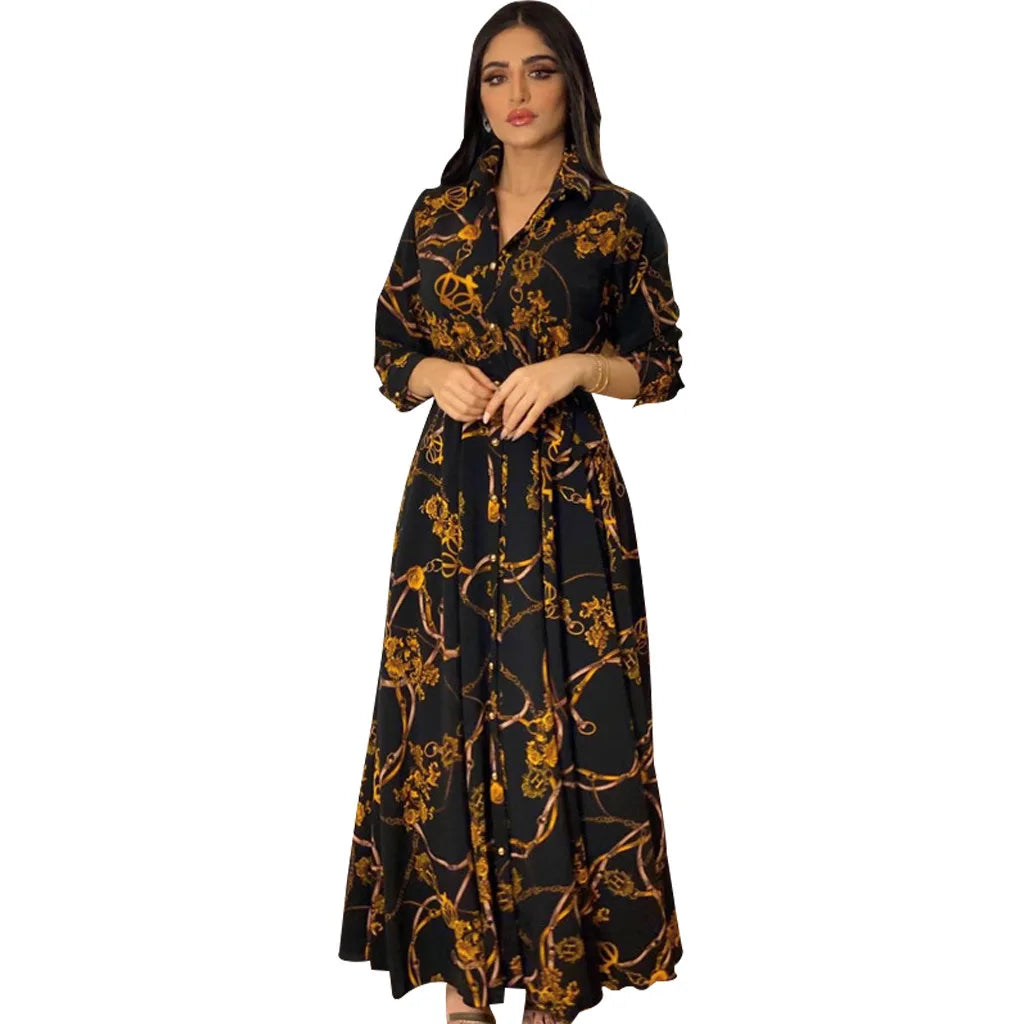 Digital Printed Single Breasted Long Dress Spring Autumn Women New Fashionable Women's Casual Long Sleeved Shirt Collar Dress