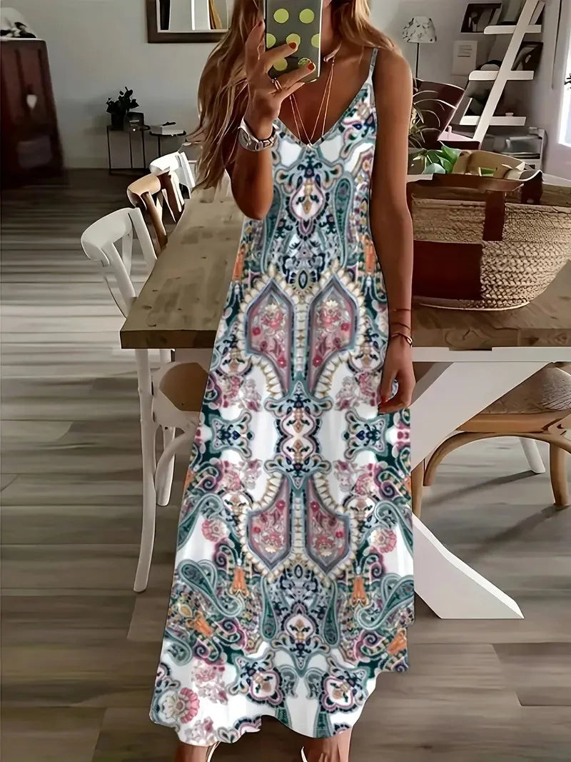Summer Fashion Loose Women's Long Dress Colorful Botanical Flower Print V-Neck Print Casual Long Dress Bohemian Beach Dress