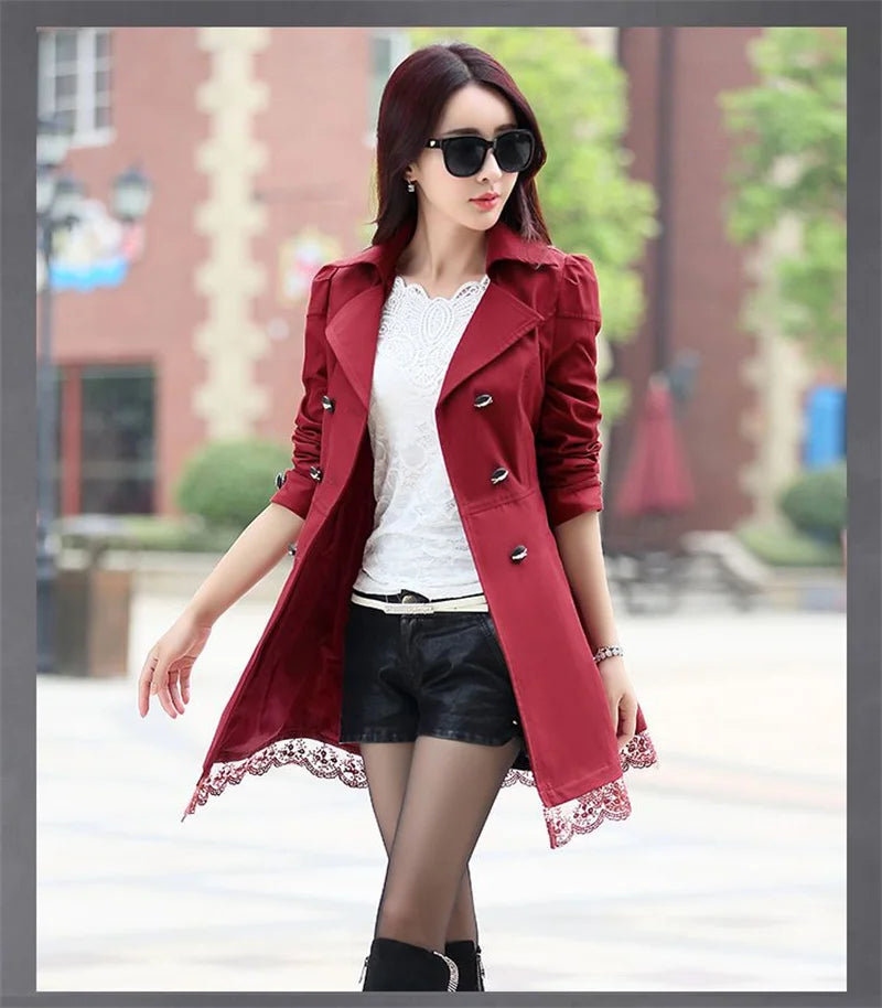 2025Spring Autumn New Windbreaker Coat Women Fashion Slim Mid Long Lace Trench Coat Female Casual Double-breasted Outerwear Tops