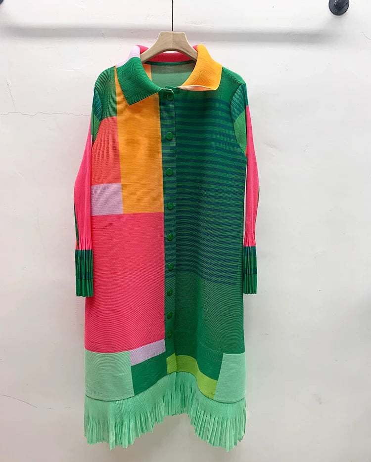 Miyake Women's Color Matching Dress, Autumn and Winter New Fashion Print Pleats, Medium Length, Loose Length Skirt