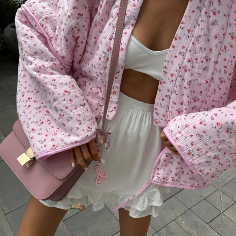 Floral Printed Women's Cardigan Cute Lace up Pink Women Coat Casual Loose Autumn Warm Coats Fashion New Ladies Coats Outerwear