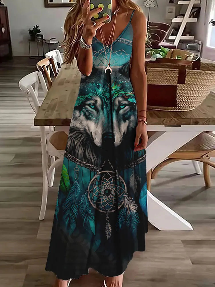 Women's Long Spaghetti Strap Tribal Pattern Dress