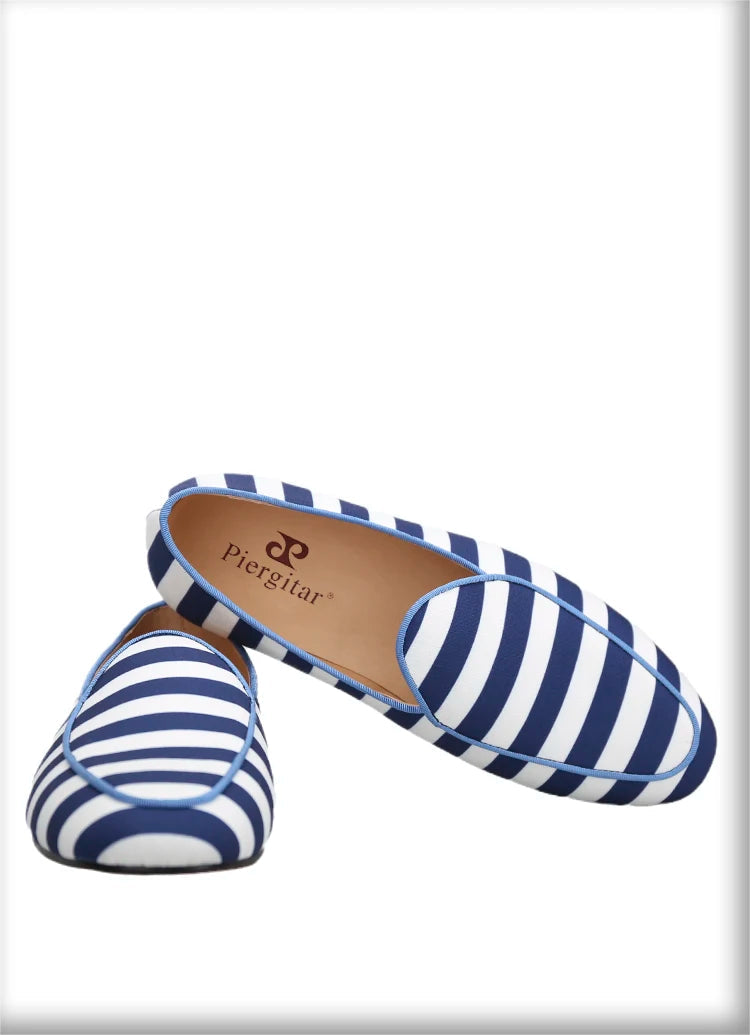 Red Bottom Male Slip-On Loafers With Blue And White Stripes Canvas For Prom And Party New Arrival