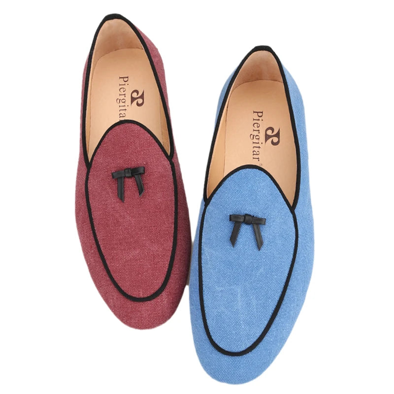 Three Colors Raw Canvas Belgian loafers with Calfskin Bows, Handmade Slip On Classic Mens Smoking Slippers