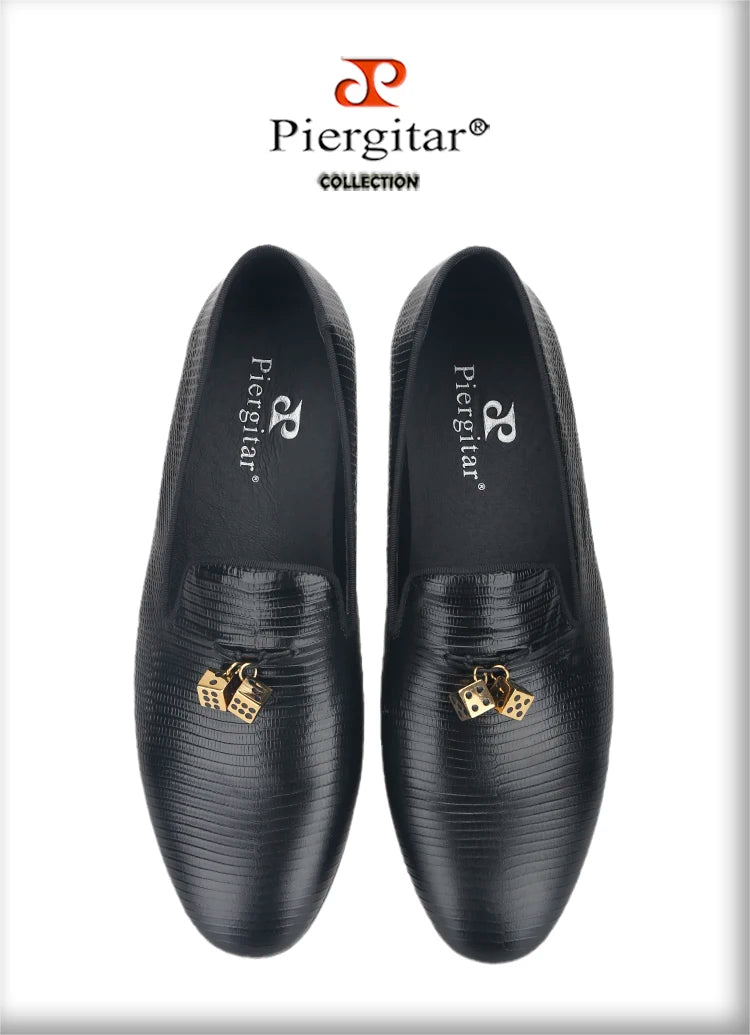 Piergitar Black Lizard Embossed Leather Men Loafers With Gold Titanium Steel Dice Buckle Tassels GZ Same Design Slip-On Moccasin