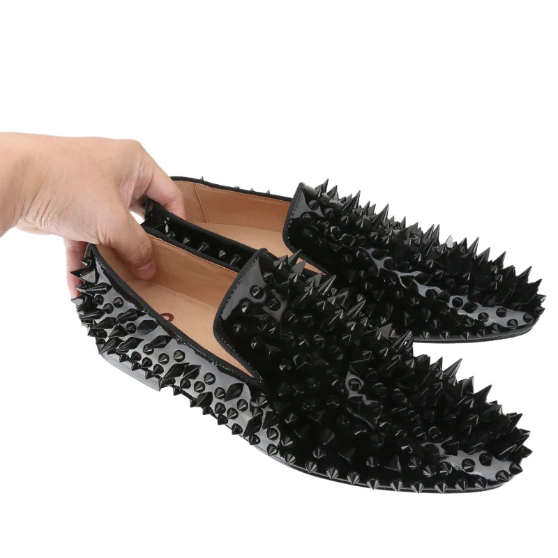 Black Patent Leather Loafers with Handmade Different Shapes of Spikes for Fashion Party CL Brand Red Sole Shoes
