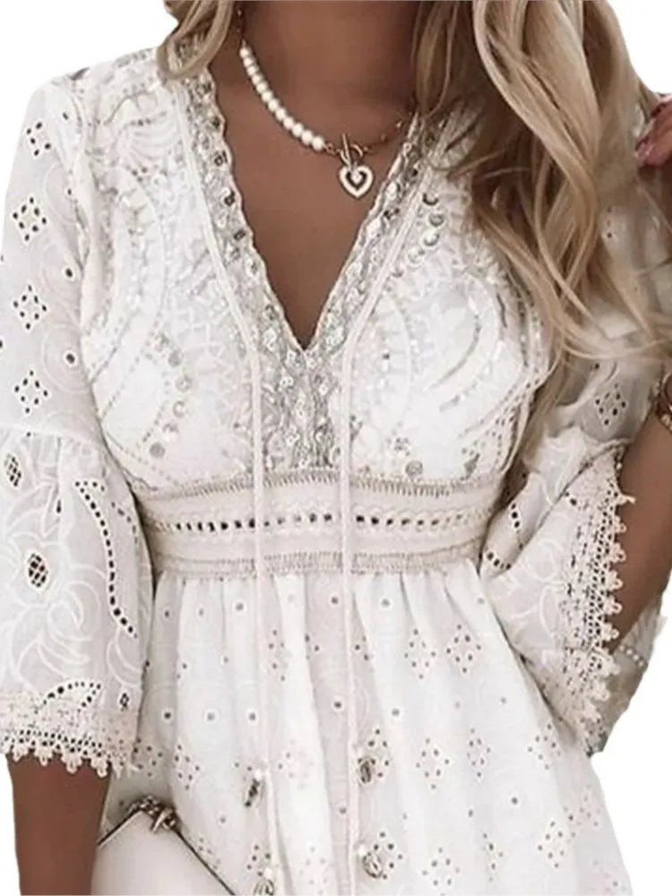 Women's White Hollow Lace up Mini Dress