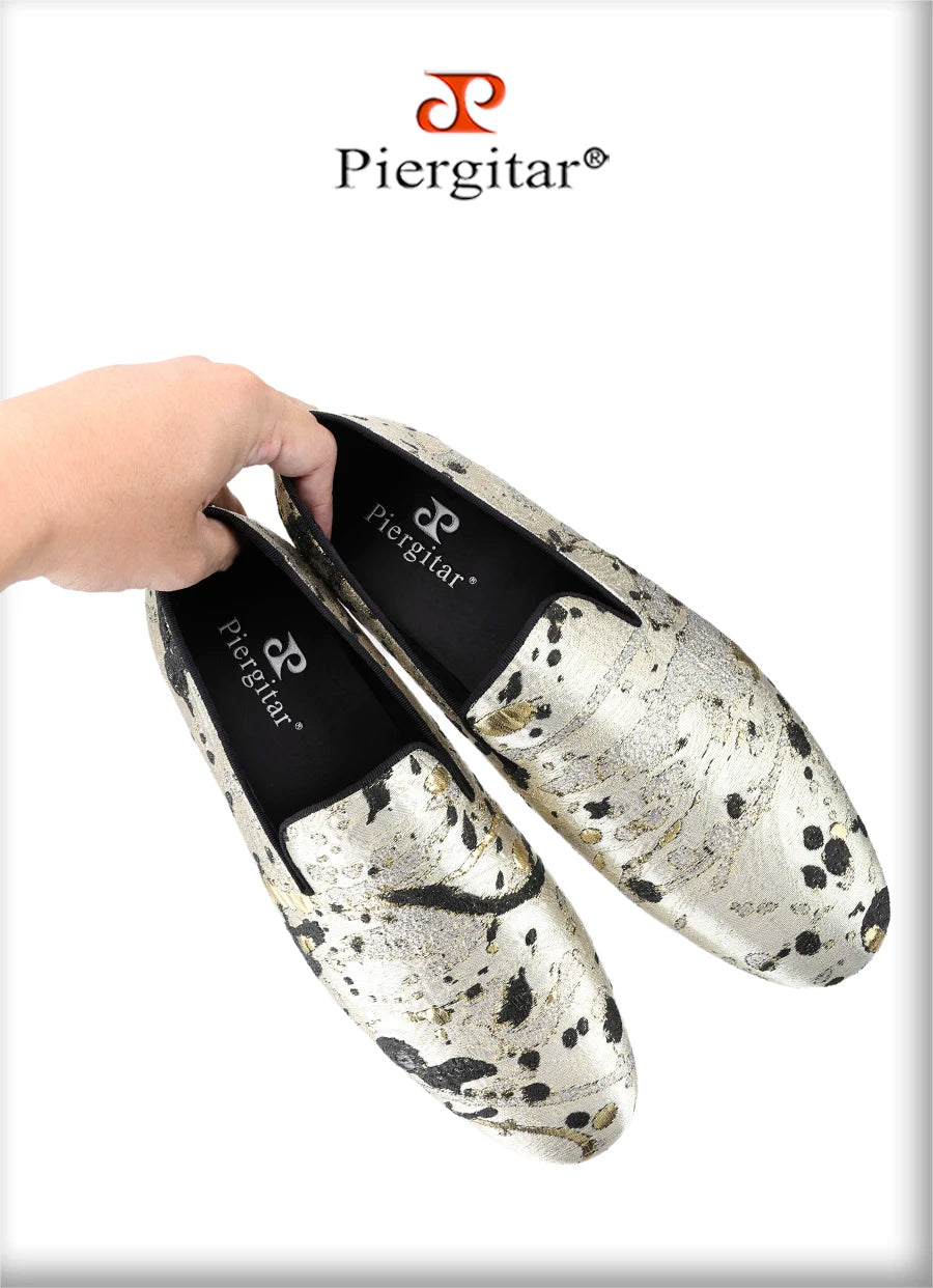 Piergitar Gold Color Ink Embossed Silk Men's Loafers Slip-On Model Handmade Moccasins For Wedding Breathable Leather Insole