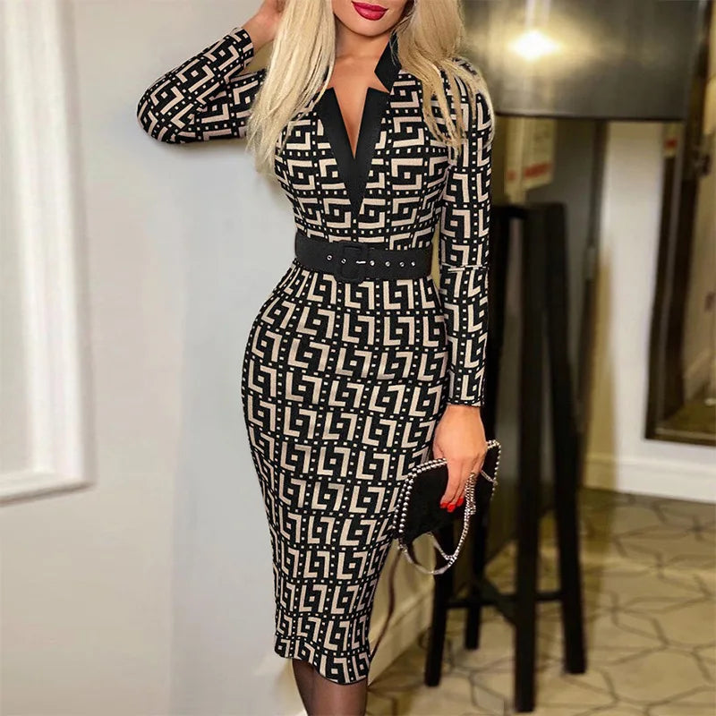 Geo Print Slim Fit Dress Elegant High Waist Slit Midi Dress, Women