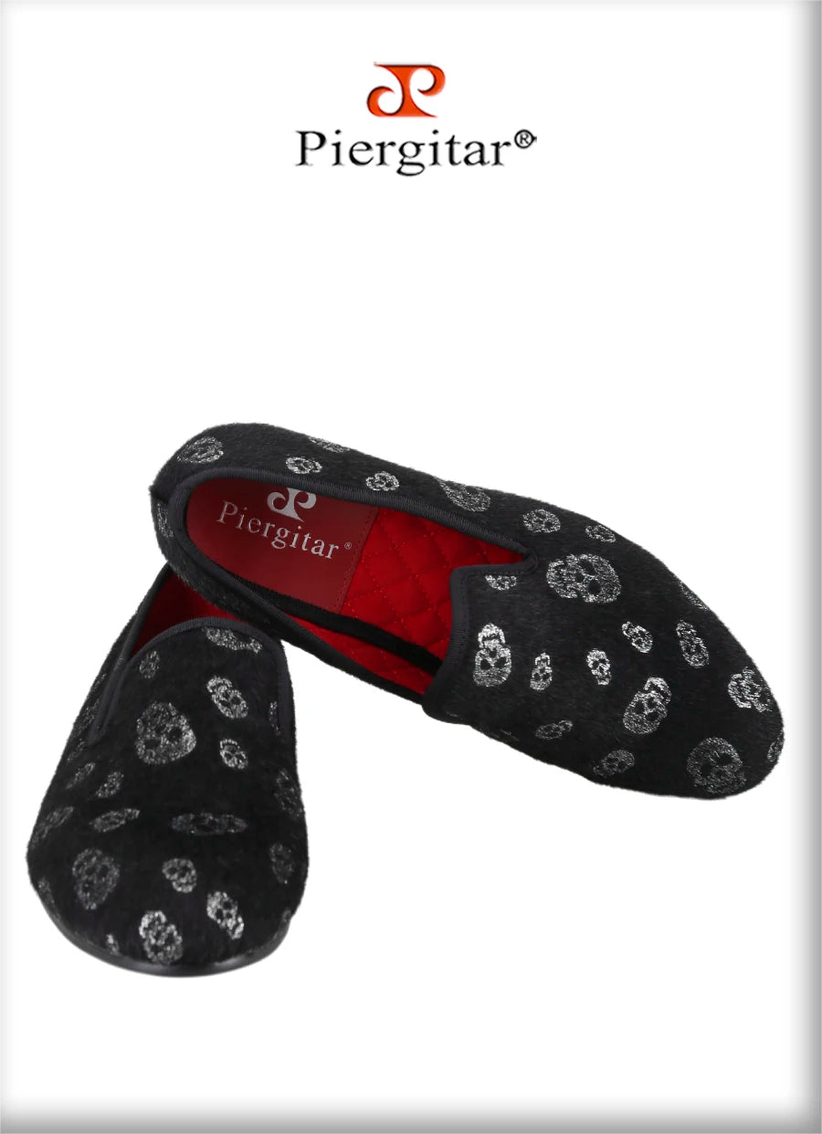 Piergitar New Style Black Horsehair Sliver Skull Embossed Men Shoes For Party Slip-On Loafers Smoking Slipper Men Flat Plus Size