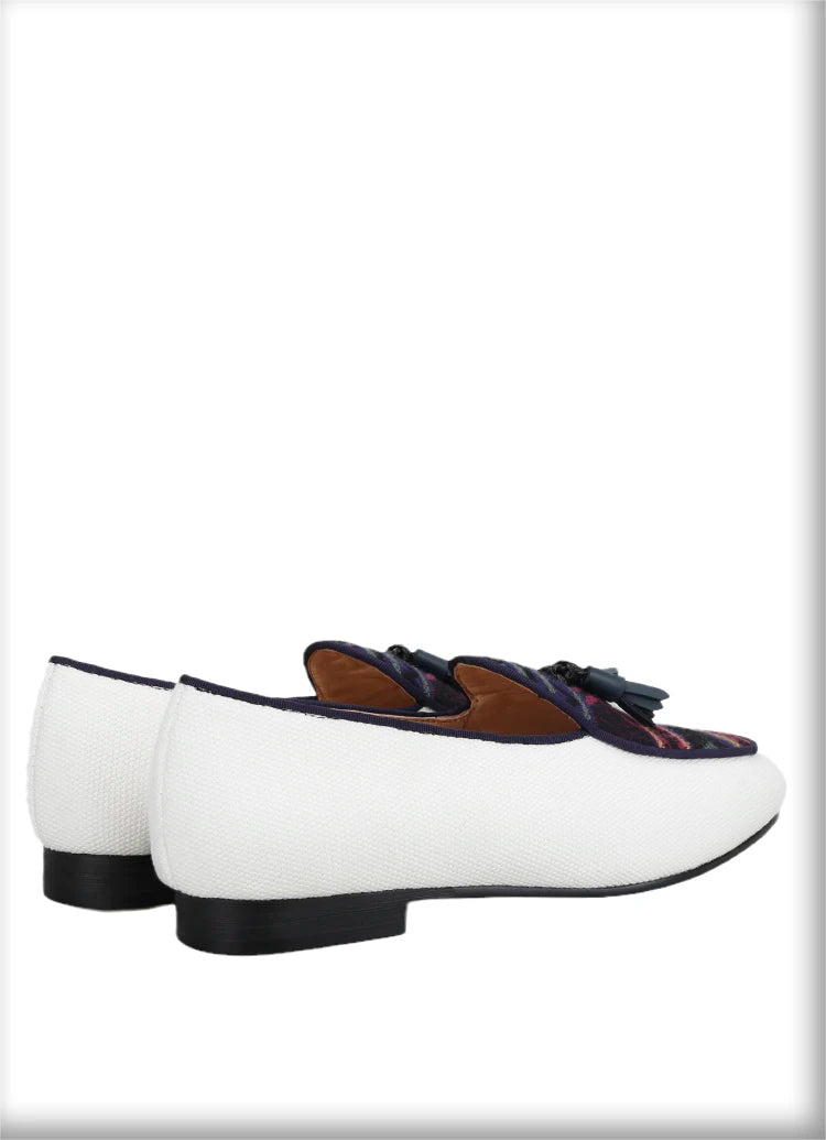 Men's Loafers in Classic Handmade Leather Tassels, Ivory Color Canvas Mix Ethnic Style Cotton